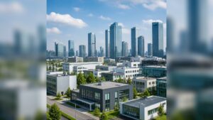 Städtische Szene mit niedrigen Bürogebäuden im Vordergrund und hohen Glas-Hochhäusern im Hintergrund bei blauem Himmel.