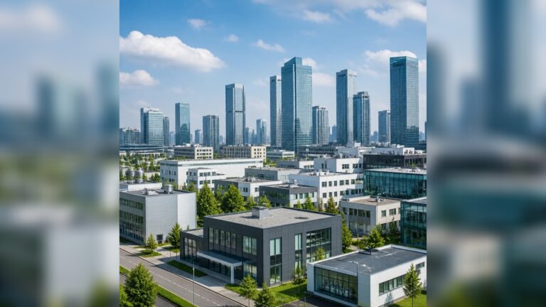 Städtische Szene mit niedrigen Bürogebäuden im Vordergrund und hohen Glas-Hochhäusern im Hintergrund bei blauem Himmel.