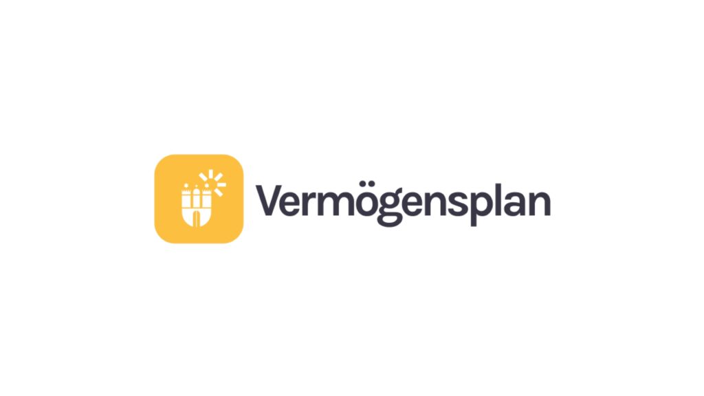 Gelbes quadratisches Icon mit Symbol links und der Schriftzug ‚Vermögensplan‘ rechts vor weißem Hintergrund.